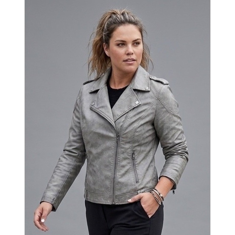 Women's Putty Faux Leather Moto Biker Jacket Asym Zip Silver Hardware Lined NWOT